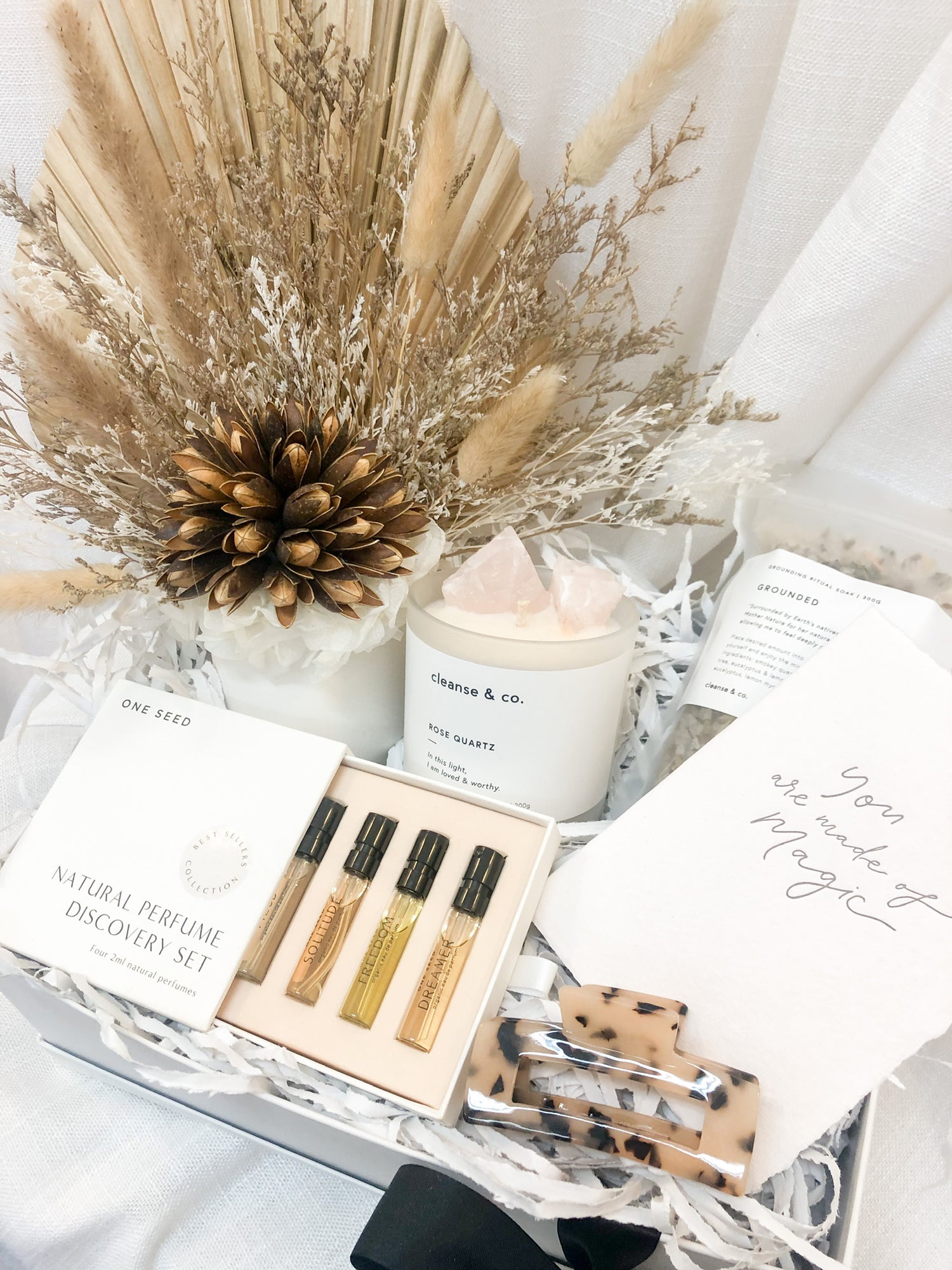 Build your own gift box including Dried Flower Arrangements, Cleanse & Co Crysal Candles, Organic Perfumes by One Seed. Delivered by Newcastle Dried Flower Co.